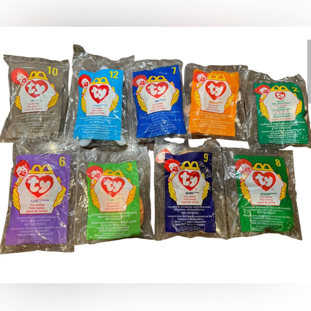 Vintage 9 McDonald’s Teenie Beanie Baby Never Removed From Original Bags.
